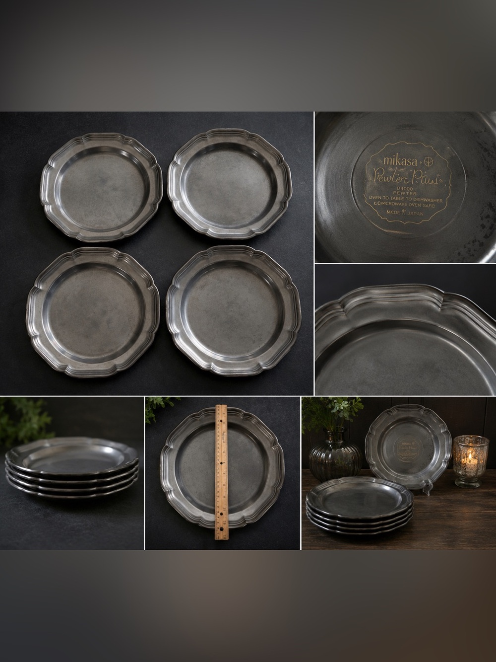 Rare Set 4 Mikasa Pewter Plus D4000 Dinner Plates Japan 1975-76 Vintage